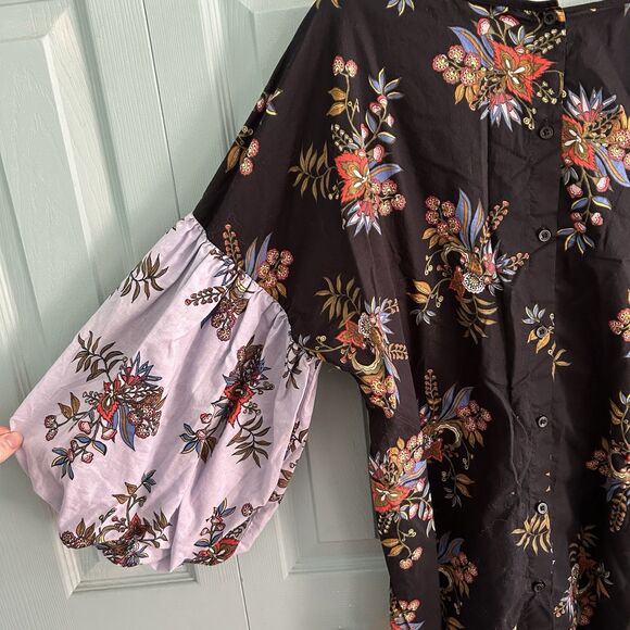 LOFT Womens Floral Puff Sleeve Blouse Large Button Back Cottagecore Black Blue - Picture 12 of 13